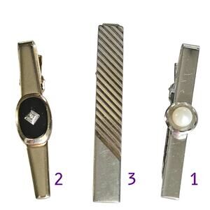 3 Vintage Anson Sterling Silver Men's Tie Bar Clip Clasp Bundle 1 Genuine Pearl